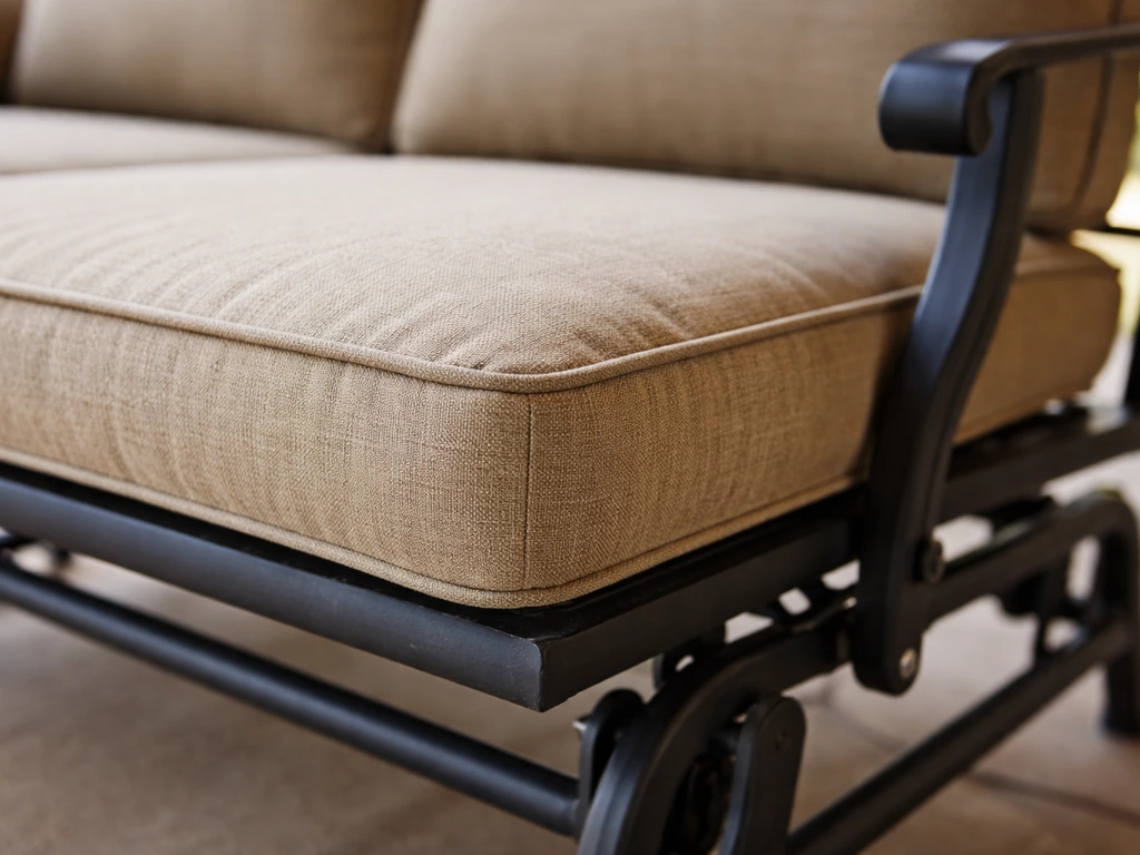 Close-up of thick patio glider cushion seams and dense foam texture with slight frame joint in blur.