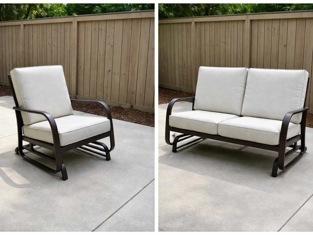 Side-by-side patio gliders showing a single glider chair and a loveseat glider.