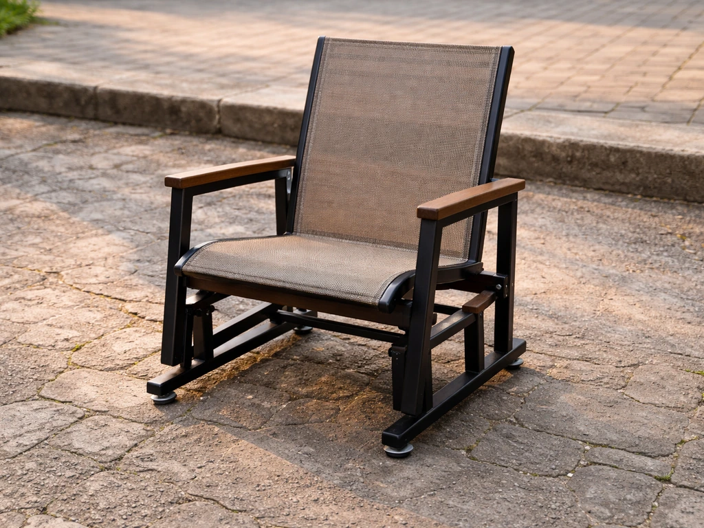 Outdoor glider with leveling feet on an uneven, slightly sloped patio surface