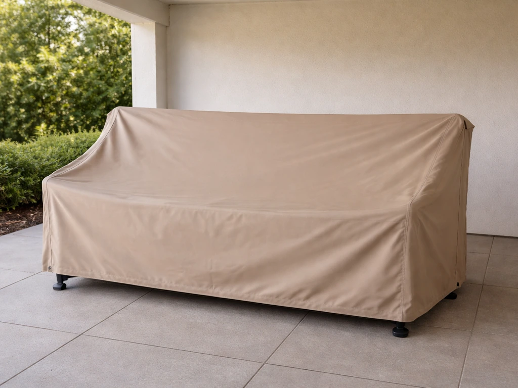A fitted cover on a patio glider under a covered porch roof showing weather protection.