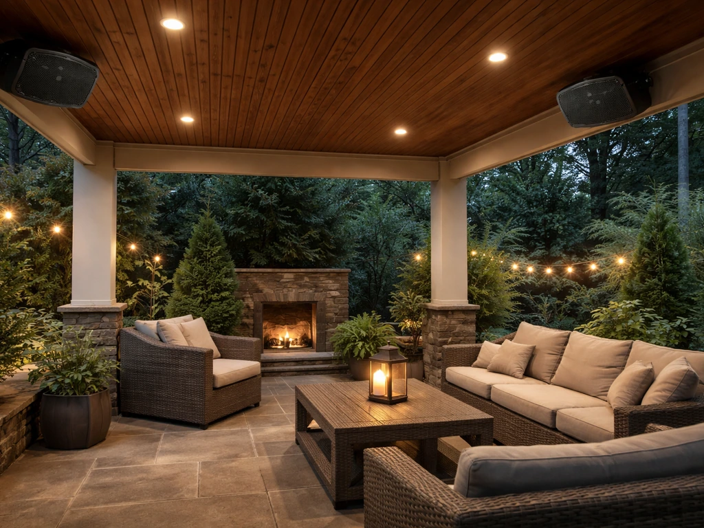 Covered patio at dusk with two outdoor ceiling speakers mounted along opposite eaves, surrounded by landscaping.