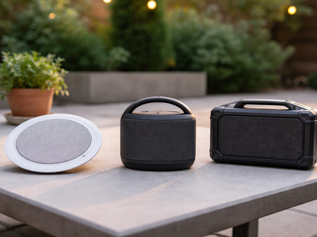 Three outdoor audio devices on a patio table, implying which are truly outdoor-rated.