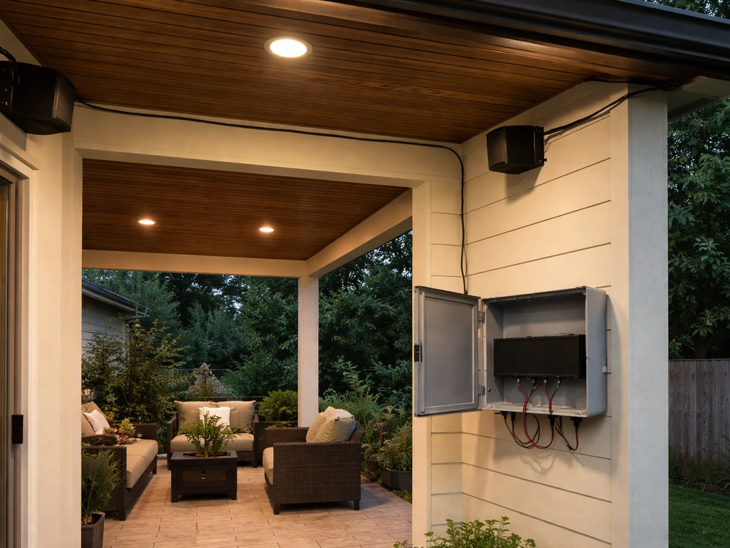 Outdoor patio underside with two mounted speakers and a ventilated enclosure housing an amplifier indoors.