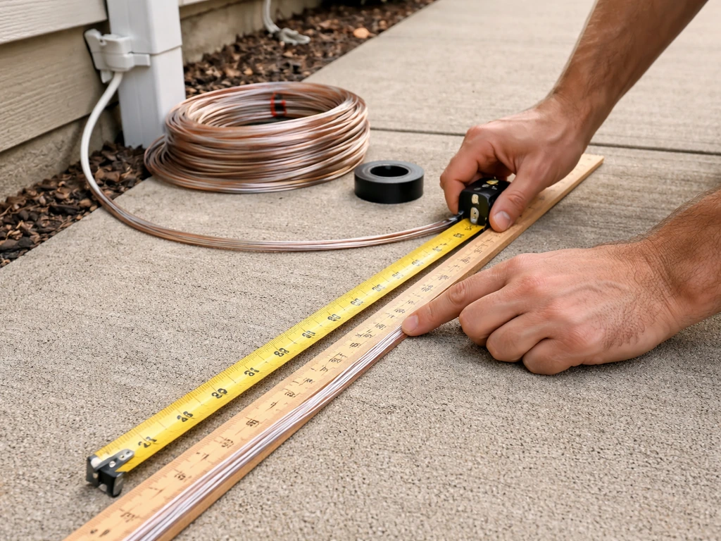 Hands measuring and taping outdoor speaker wire length near an amp cable run to an outdoor speaker location.