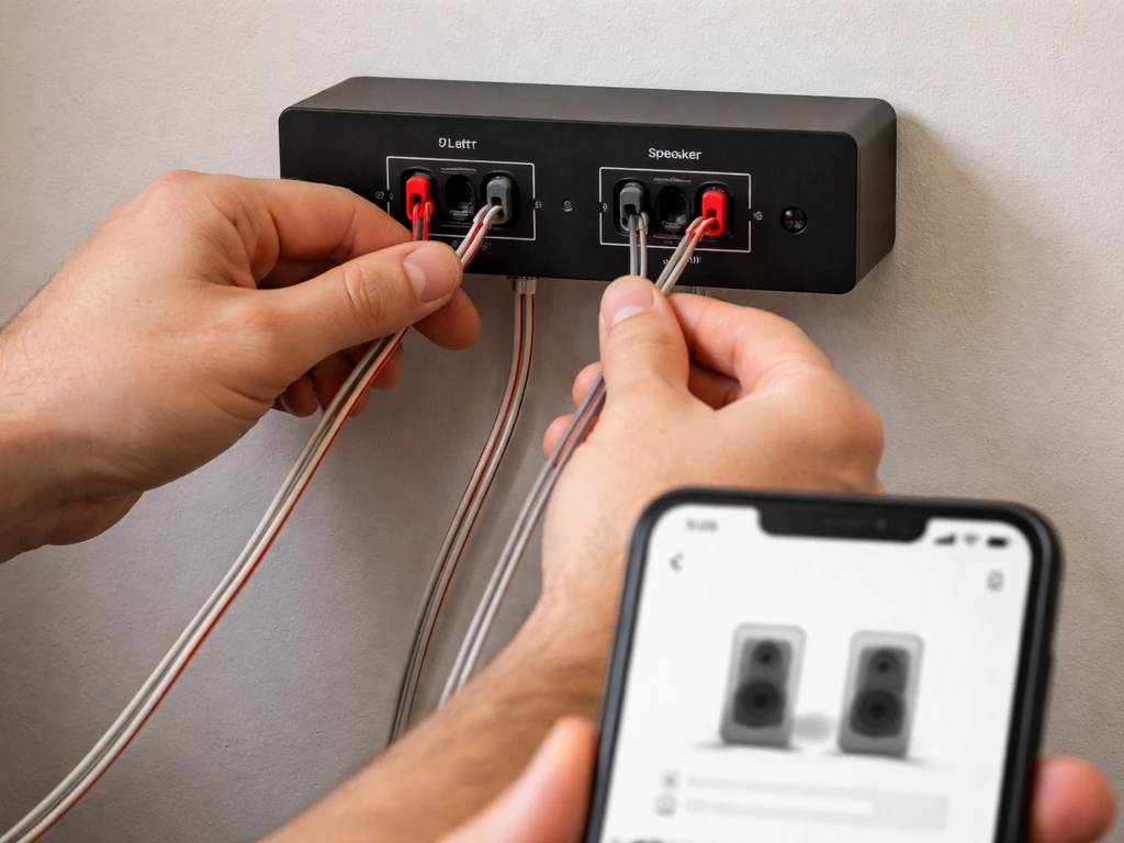 Hands connecting left/right speaker wires to an audio amp while a phone shows a stereo setup screen.