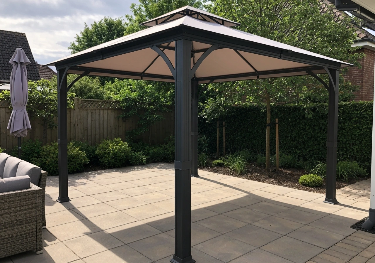 Well-assembled patio gazebo with outdoor seating in warm daylight, suggesting smart buying.