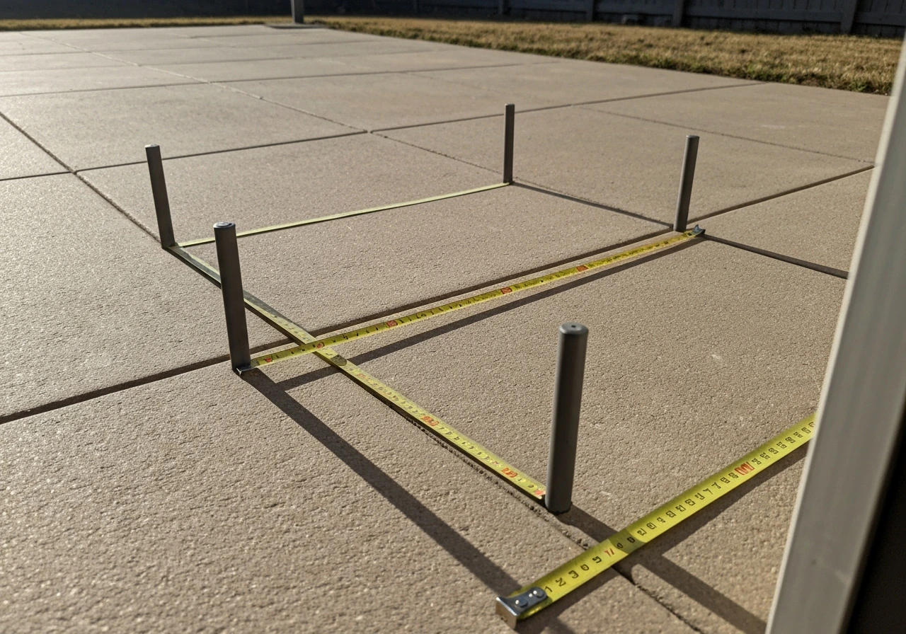 Measuring tape on a patio with simple posts forming a rectangle to plan gazebo size.