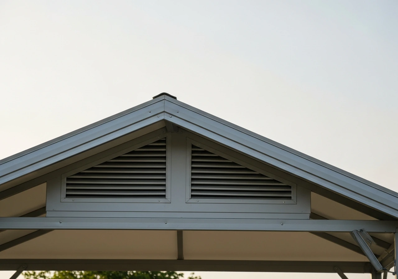 Close-up of a gazebo peaked roof showing a double-vent design under the ridge.