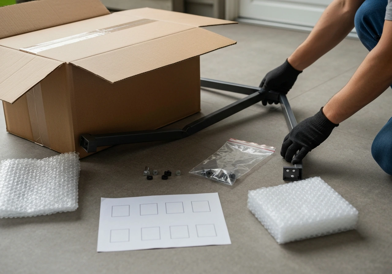 Open gazebo shipping box with crushed corner, bent frame piece, and missing hardware inspection items laid out.