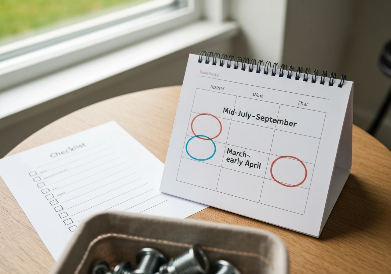 Sunlit wooden table with a simple calendar showing clearance windows and a blank checklist sheet.