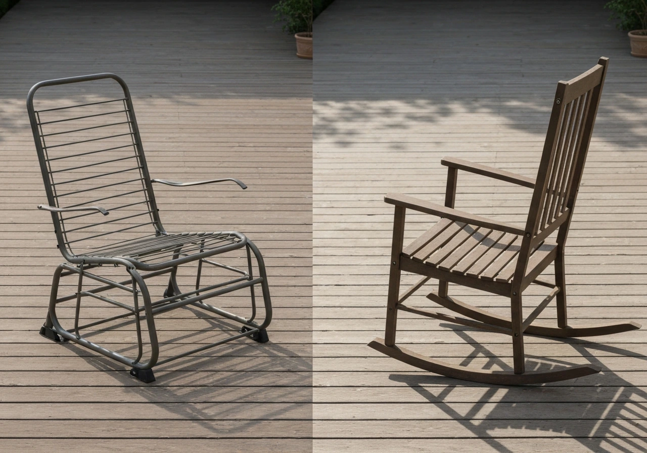 Two empty outdoor seats side-by-side showing glider sliding motion and rocking motion on runners.