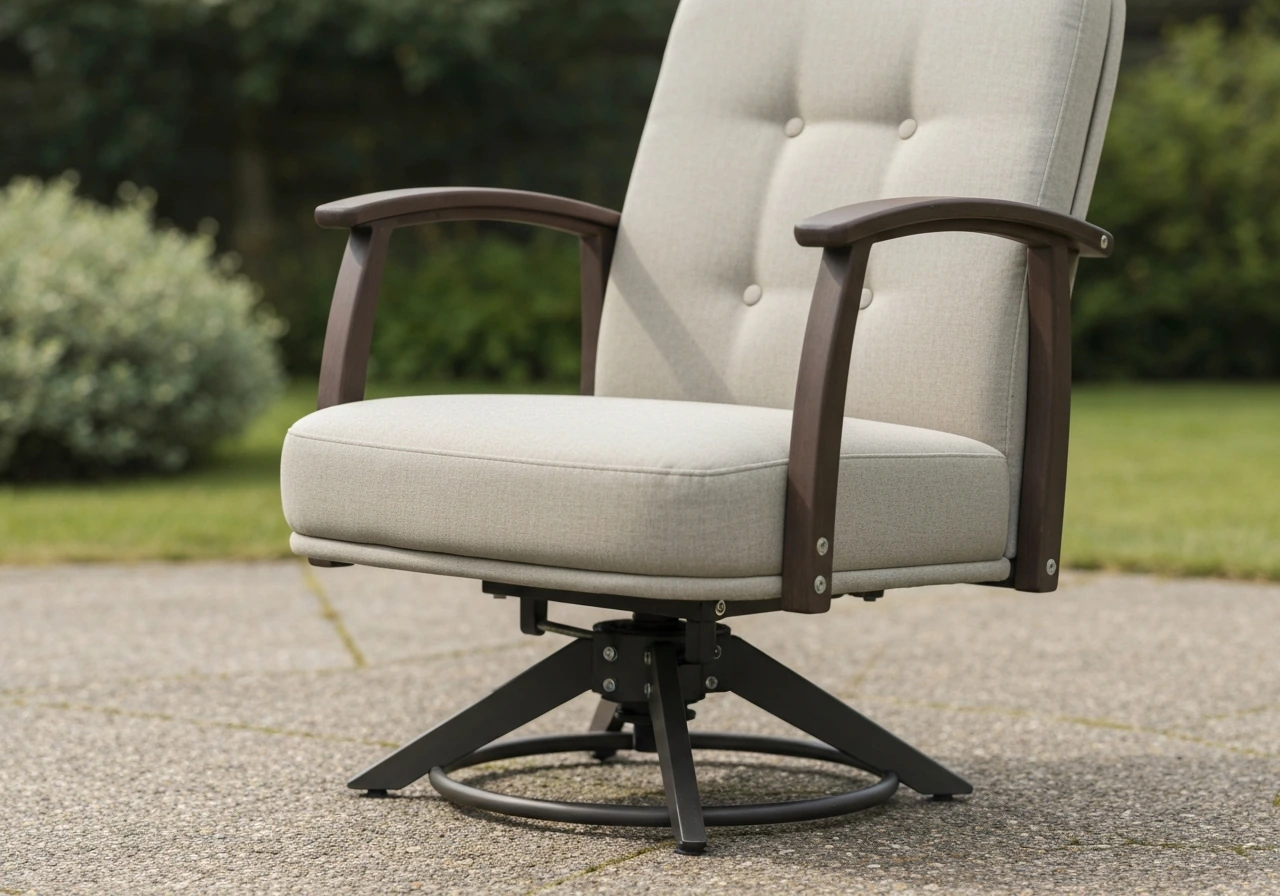Close-up of a single-seat swivel glider mechanism with the seat rotating on its base