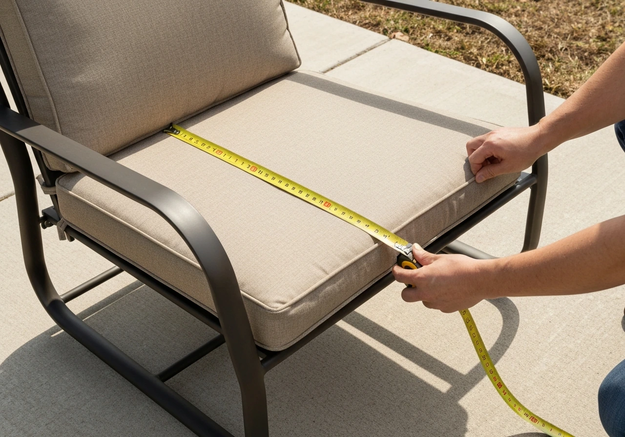 Hands using a tape measure to measure a patio glider seat width, depth, and height