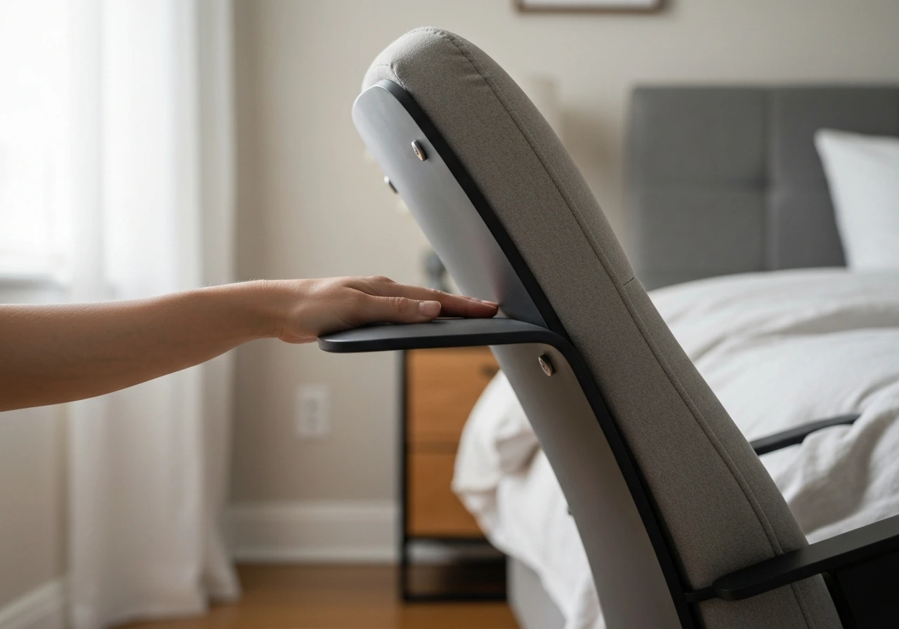 Close-up of a glider chair armrests and back panel in a simple room, showing comfort fit and alignment.