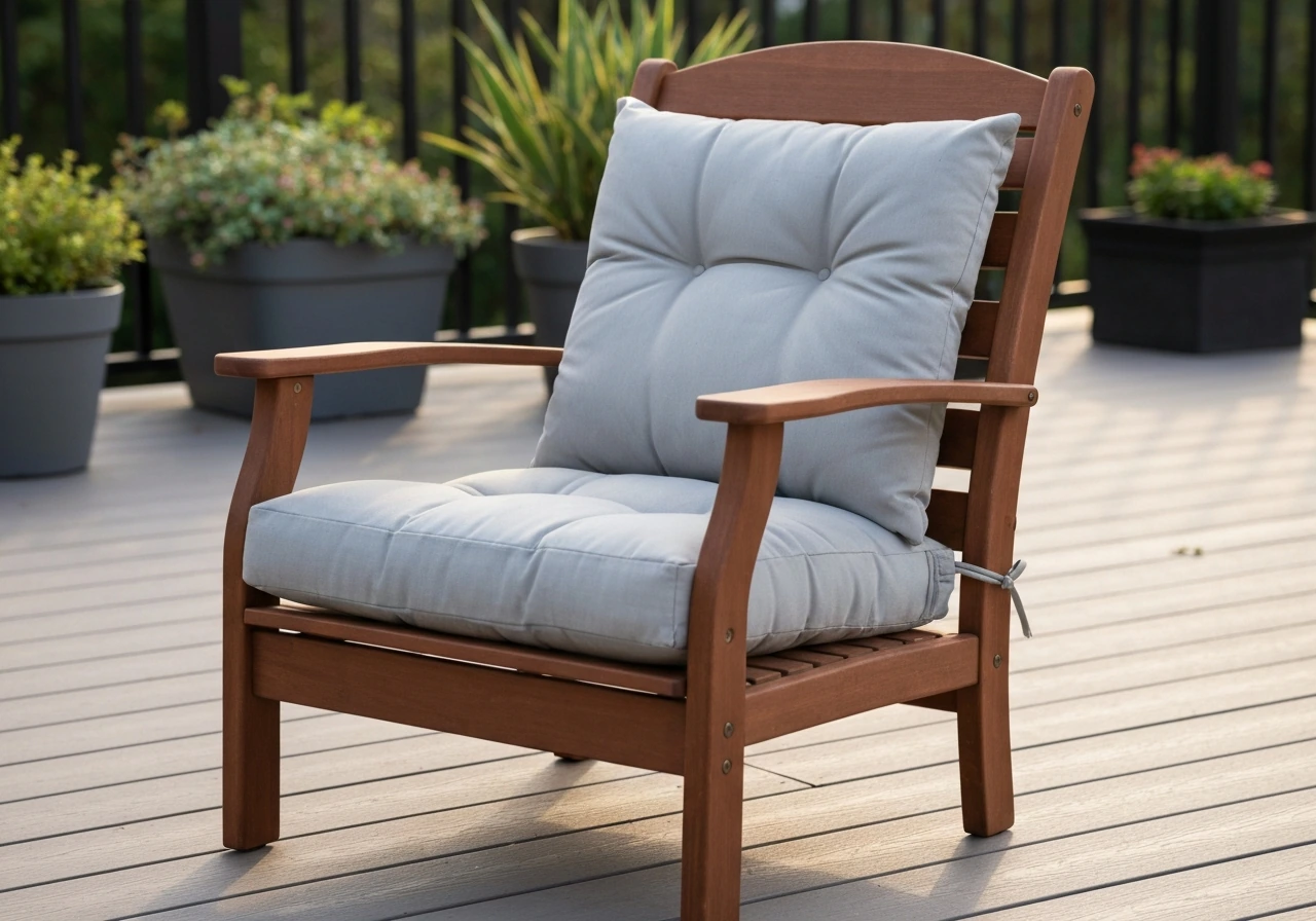Single classic glider with weatherproof cushions on a quiet patio deck in natural light.