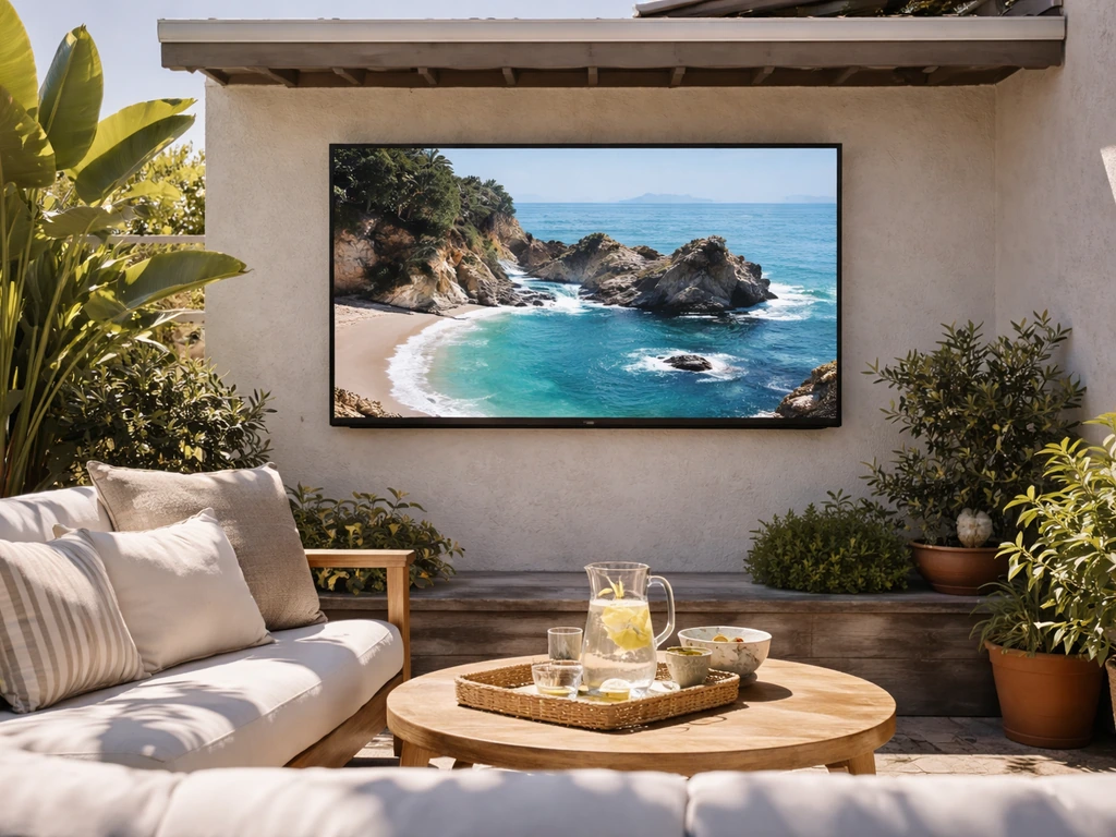 Bright sunlit patio with a glare-resistant outdoor TV mounted near outdoor seating, screen clearly visible.