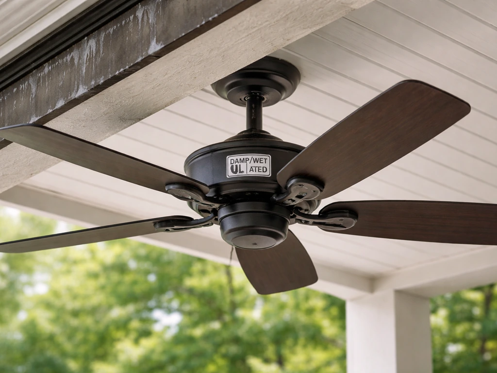 Outdoor ceiling fan under a covered patio with a weatherproof UL-style rating label on the housing.