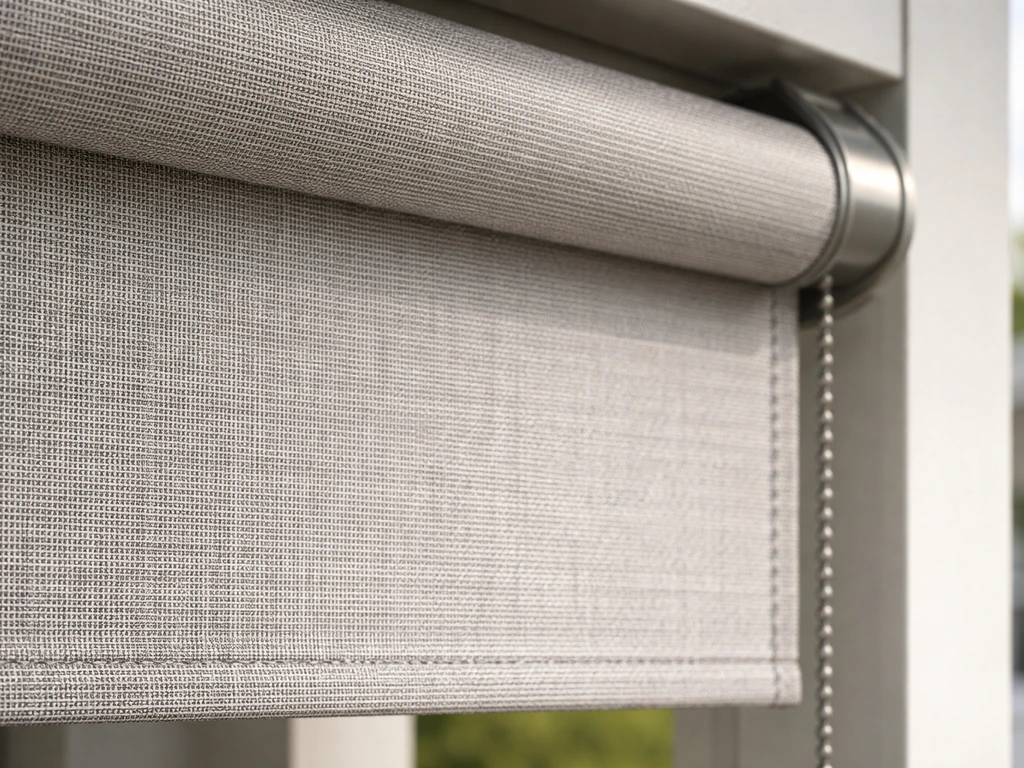 Close-up of solution-dyed roller shade fabric texture with UV-stabilized outdoor-rated components