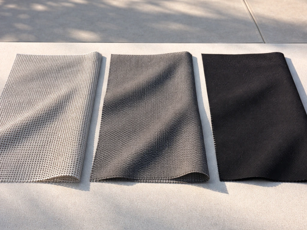 Three outdoor roller shade fabric swatches showing mesh, semi-open, and solid with different light levels.