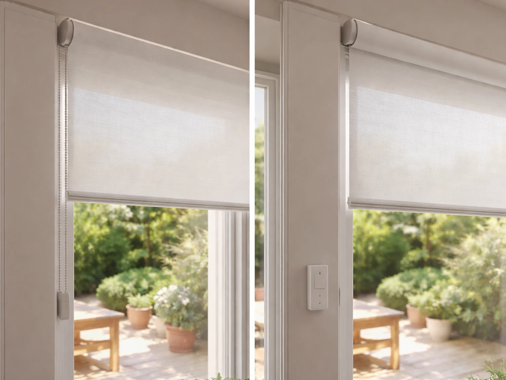 Side-by-side manual chain roller shade and motorized roller shade on a patio window, no people.