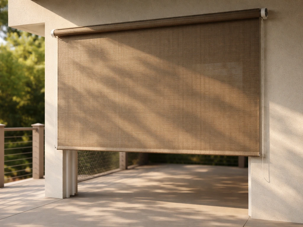 HDPE mesh roller shade on a patio, sun filtering through the fabric for outdoor coverage
