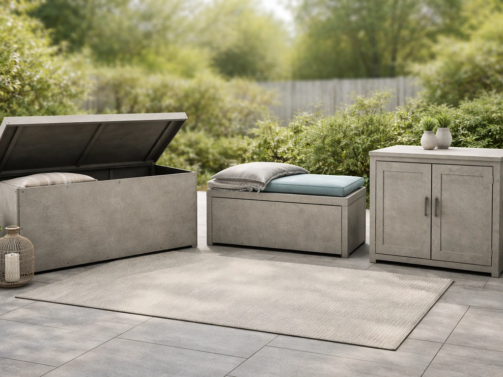Organized outdoor patio with concrete storage bench, deck box, and compact shed keeping cushions protected.