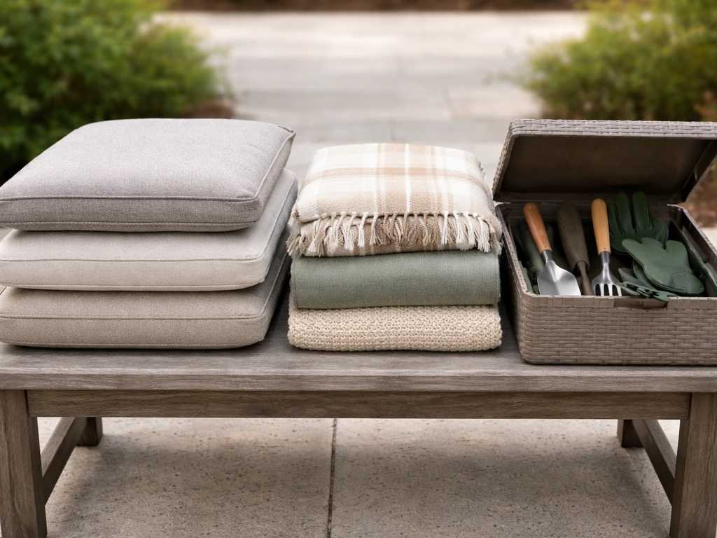 Outdoor bench with cushions, folded blankets, and gardening tools stored neatly in a small box.