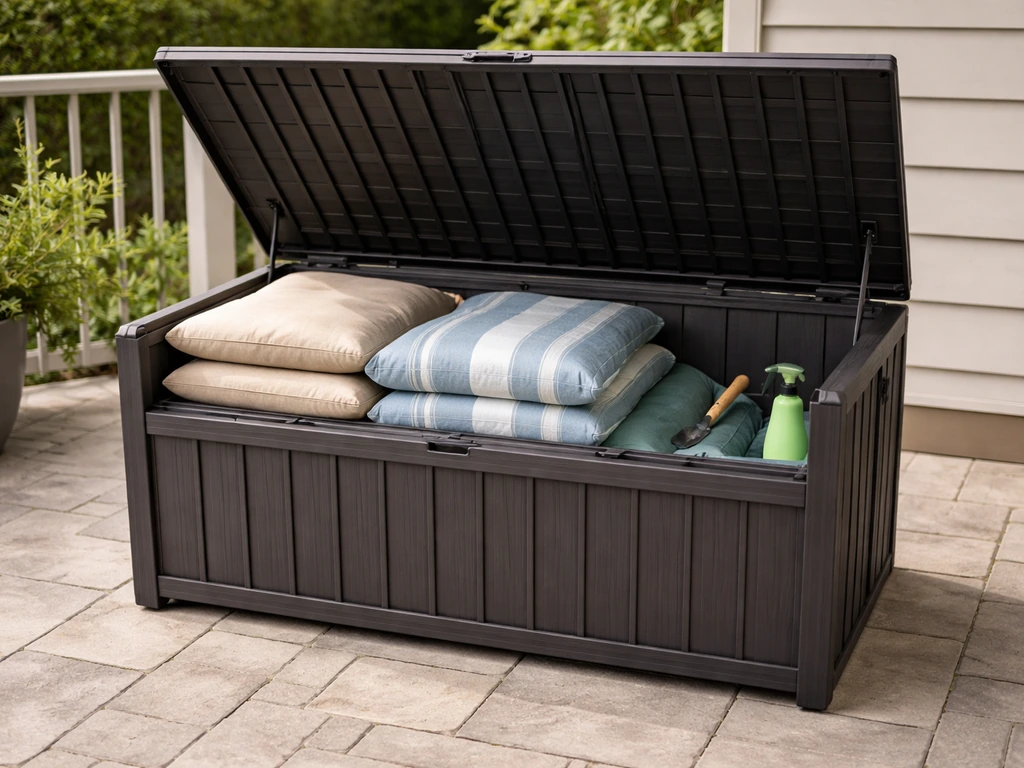 Outdoor deck box on a patio with an open lid holding neatly stacked patio cushions and tools.