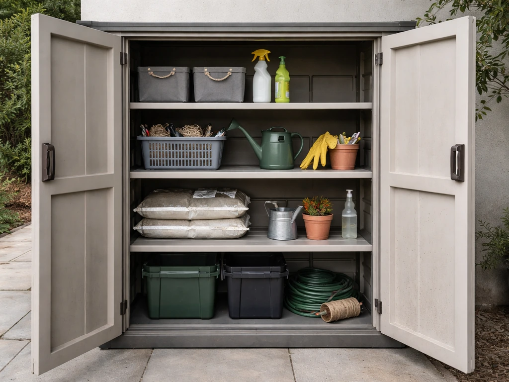 Open outdoor storage cabinet on a patio showing adjustable shelves inside, tidy and organized.