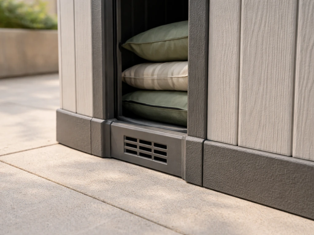 Close-up of a resin storage box vent opening with cushions inside, showing airflow to reduce moisture.