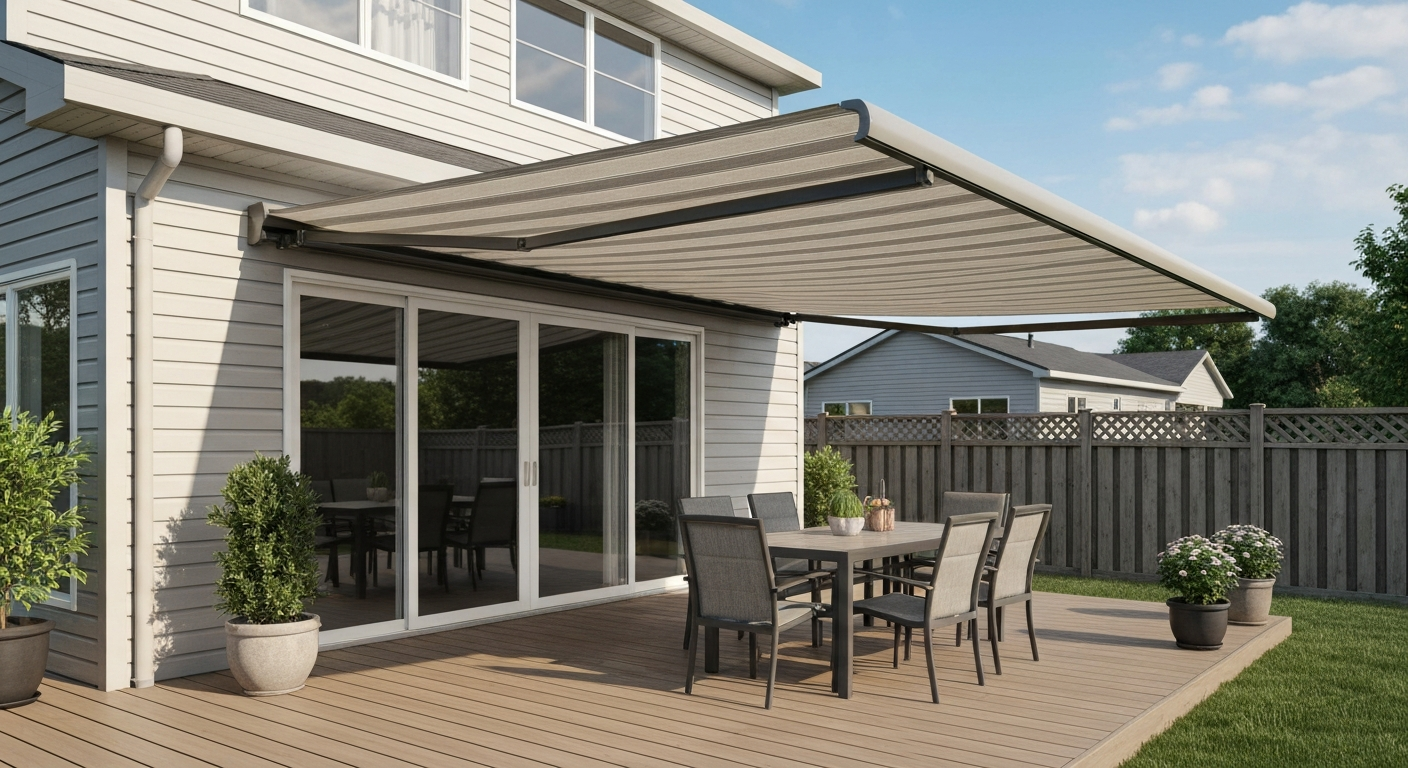 Patio with mid-range retractable awning shading an outdoor dining table.
