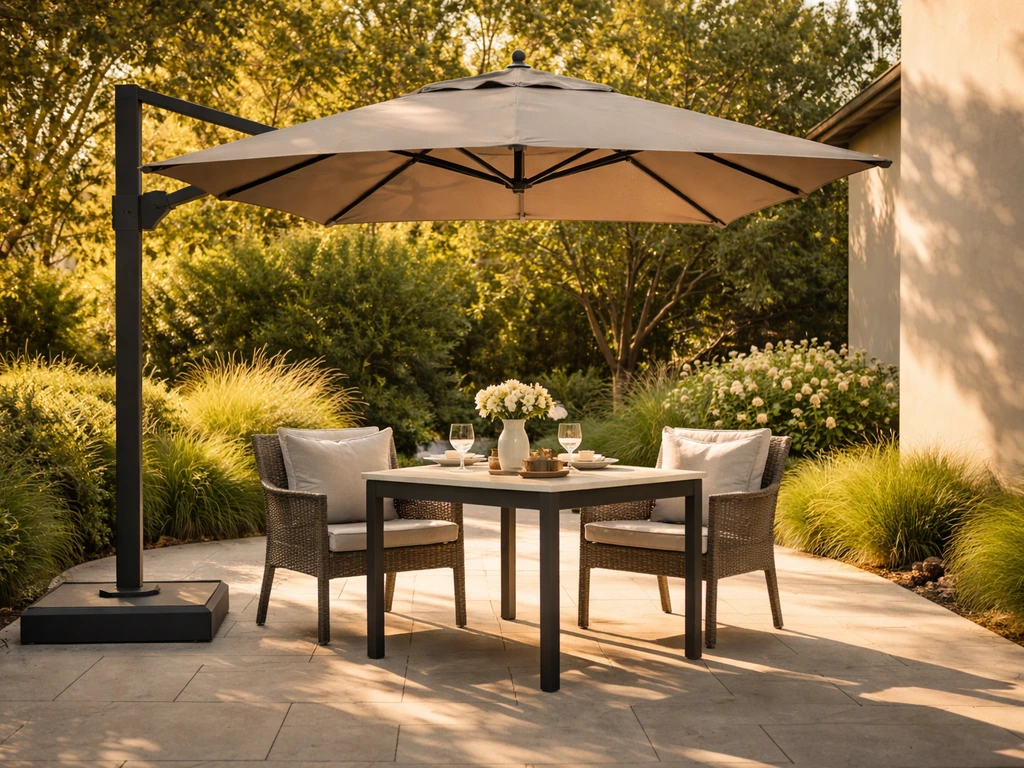 Sun-dappled patio with a cantilever umbrella shading a dining set from harsh sunlight.