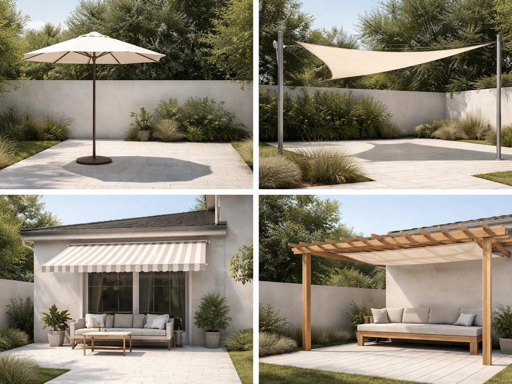 Four side-by-side patio shade options: umbrella, shade sail, retractable awning, and pergola cover.