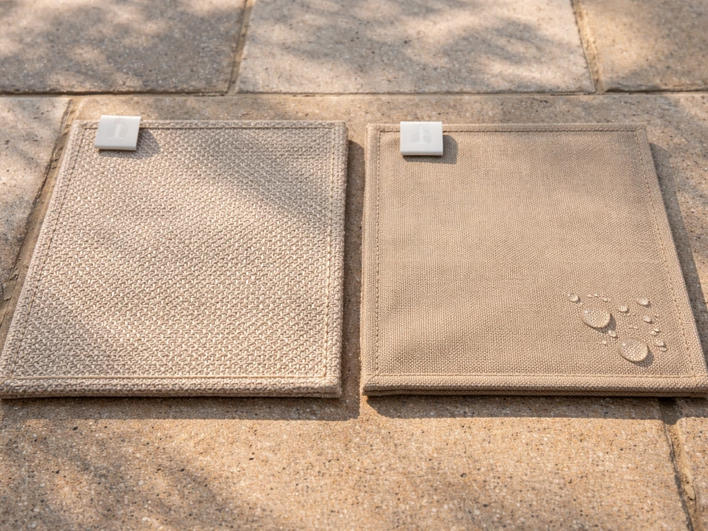 Close-up of two outdoor shade fabric swatches on a patio, highlighting weave, seams, and water resistance.
