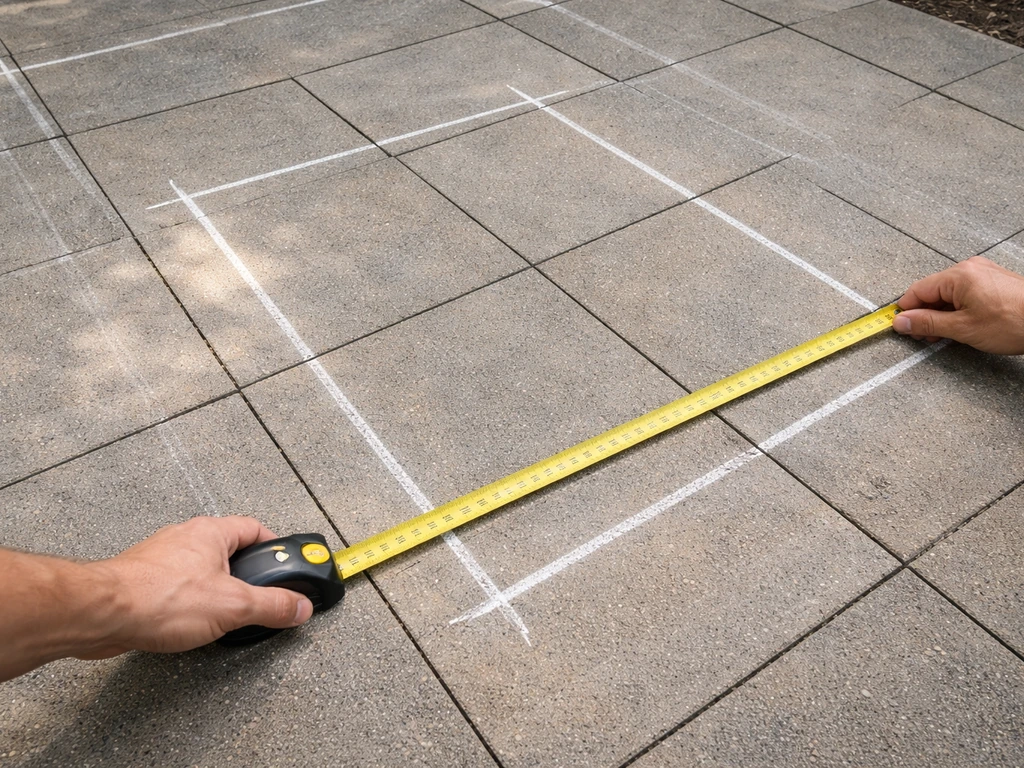 Hands measuring a patio area with tape and chalk lines showing correct vs overshot shaded coverage