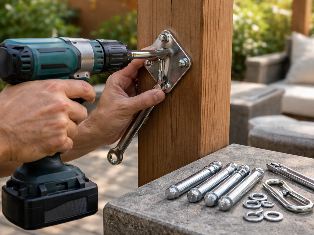Hands drilling and tightening a patio shade mount with anchors and tools on an outdoor deck.