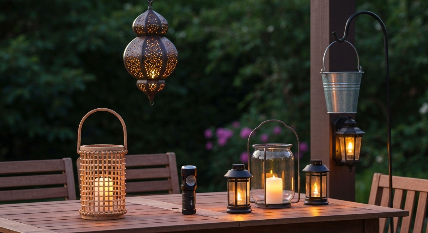Dusk patio scene with several types of lanterns — rattan tabletop, solar, rechargeable, wired, Moroccan hanging, and citronella candle — arranged around a table and pergola.