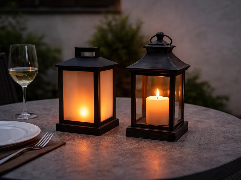 Two tabletop lanterns on a patio table—one LED faux-flame flickers, one real-style candle look—near dinnerware.