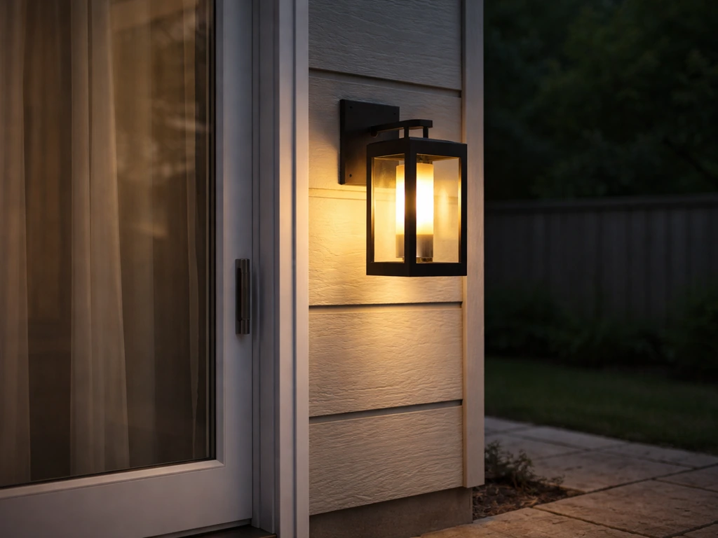 Warm wall-mounted lantern beside a patio door, lighting a small pathway with steady glow.