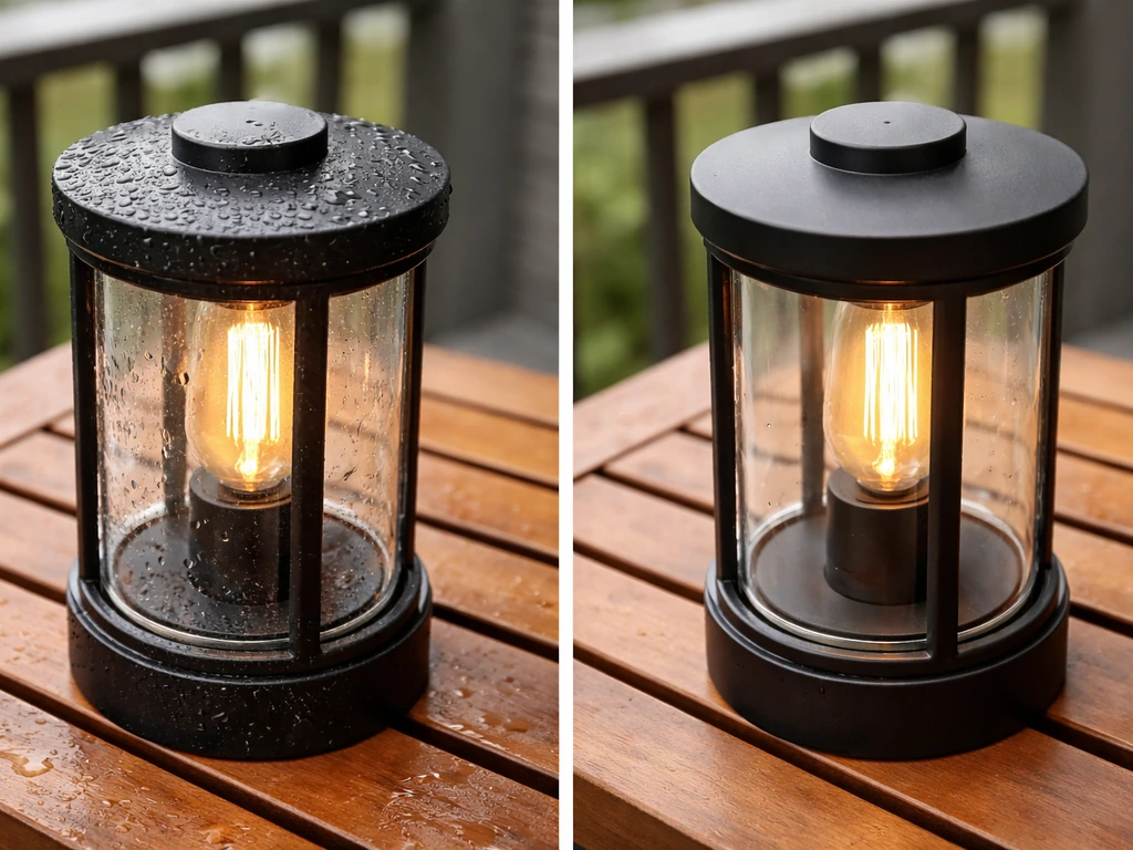 Two side-by-side outdoor patio lanterns, one with water droplets, showing weather seal and powder-coated finish.