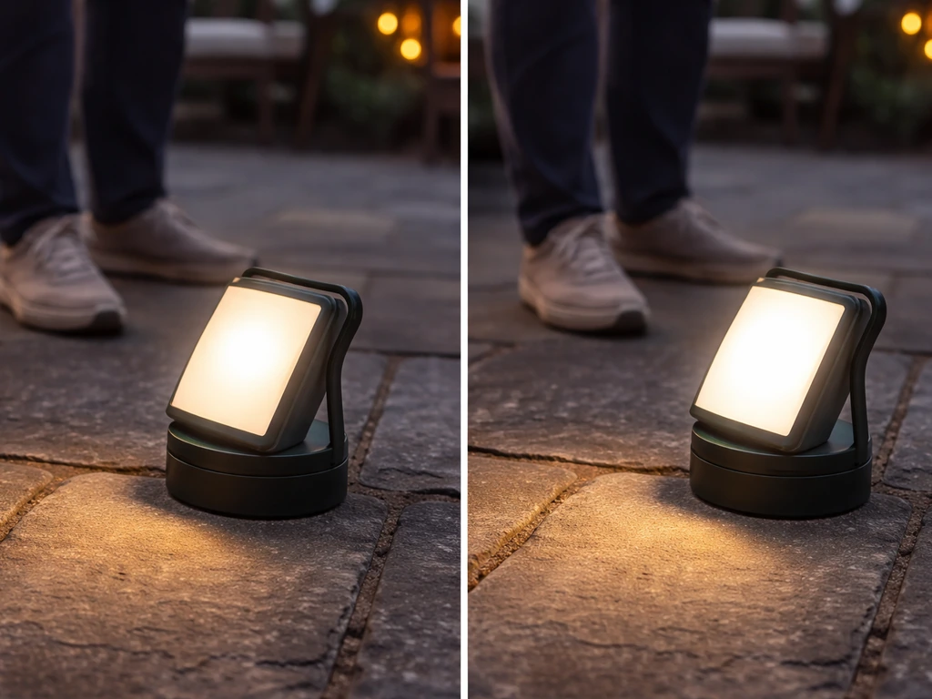 Close-up of an adjustable patio LED lantern showing two brightness levels with a person-height reference.