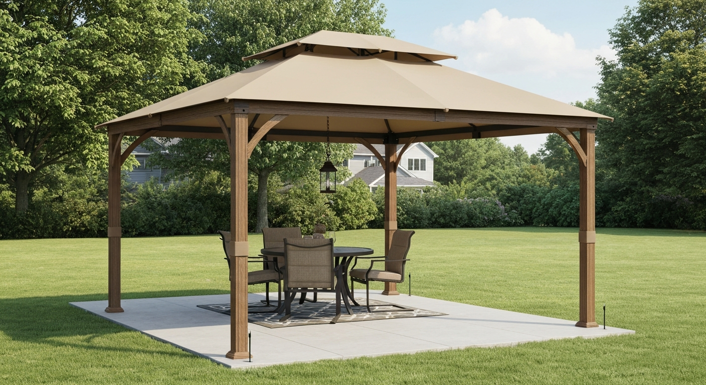 3/4 view of a 10x10 beige soft-top steel patio gazebo with two-tier vented canopy, wood‑grain powder‑coated frame, center hanging hook with pendant light, and a round dining set inside on a sunny backyard patio.