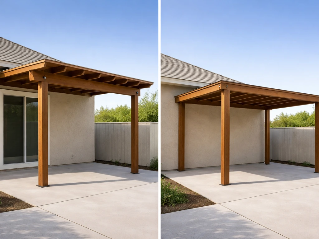Attached patio cover with ledger-board bolts contrasted with a freestanding header frame and support posts.