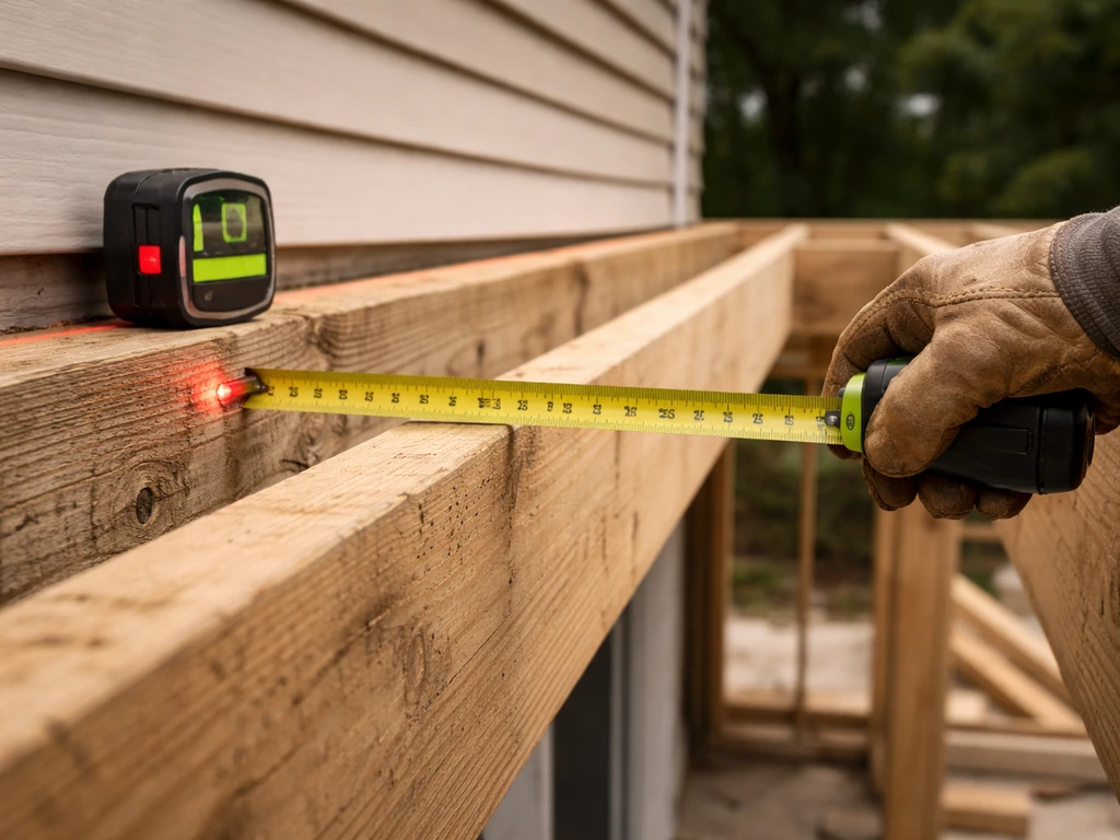 Close-up on a tape measure measuring the rafter span from a house ledger to an outer header beam
