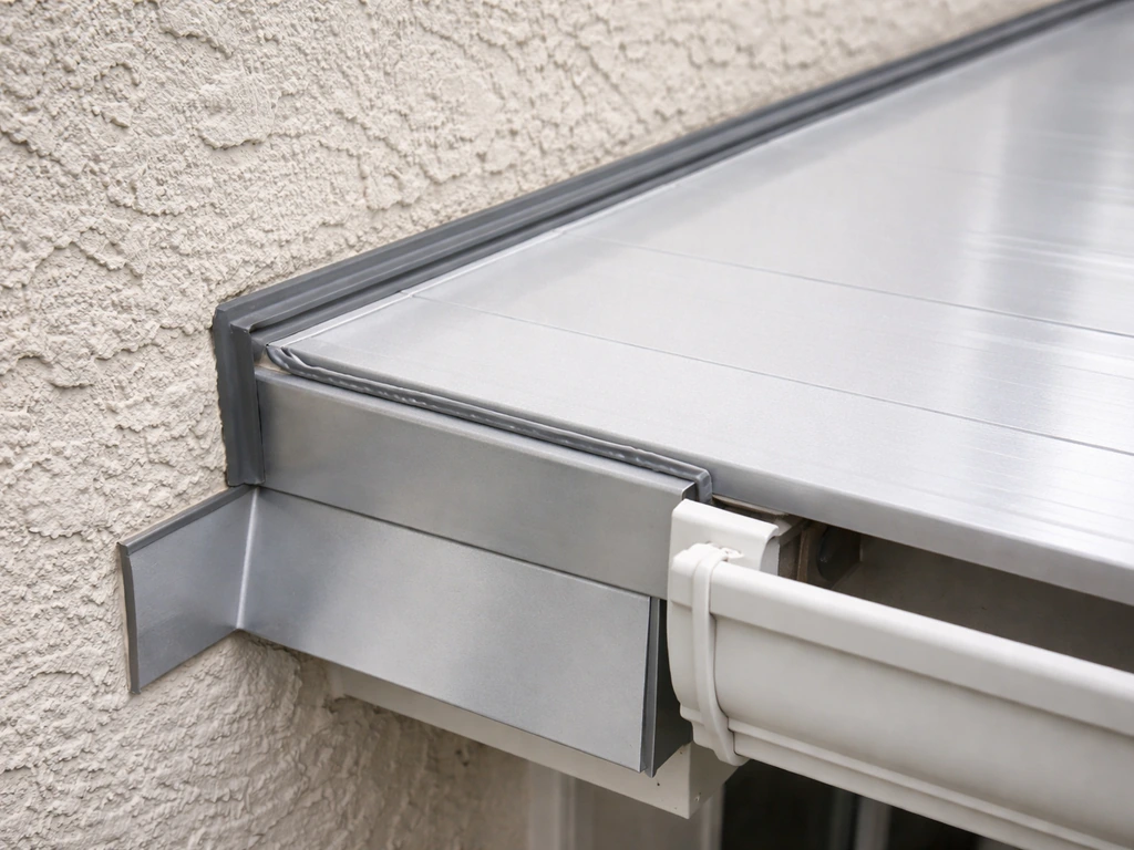 Close-up of aluminum patio cover flashing sealed against a house wall near a gutter end, watertight detail.