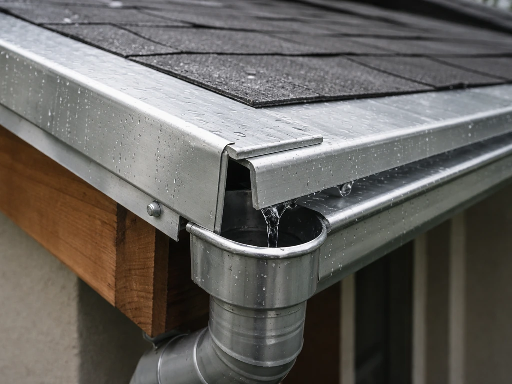 Close-up of pitched roof edge with gutter and downspout outlet showing proper water drainage flow.