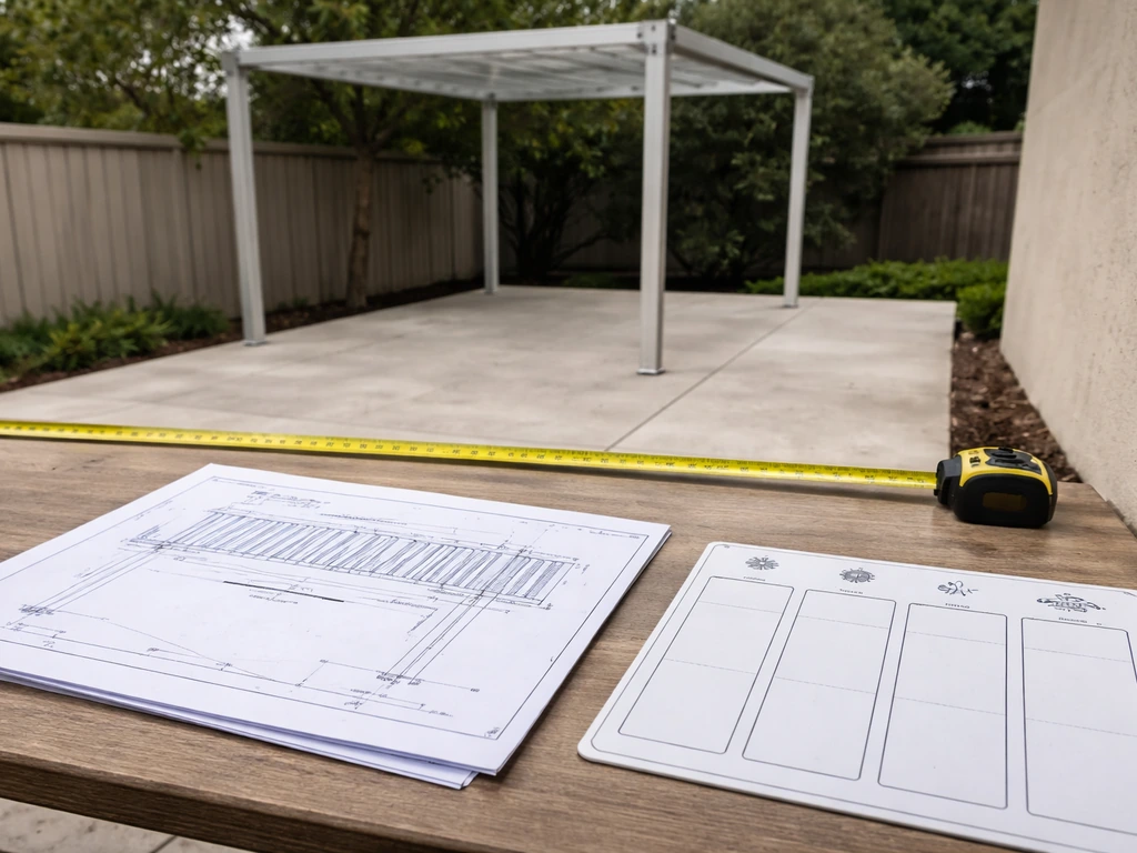 Outdoor patio setup with a tape measure and a marked rafter span plan beside a weather/load reference board.