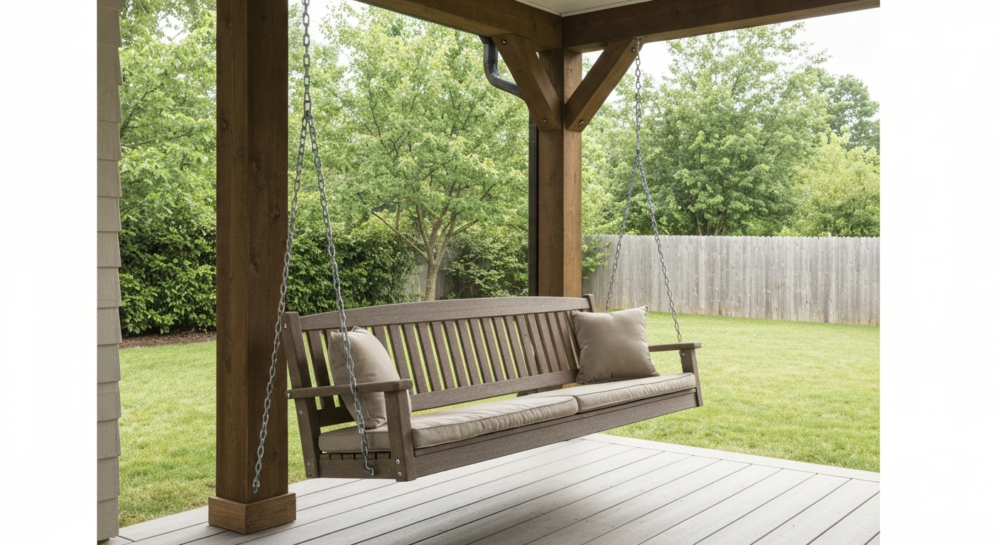 High-quality 60-inch patio swing on a covered porch with stainless-steel chains and UV-stable cushions.