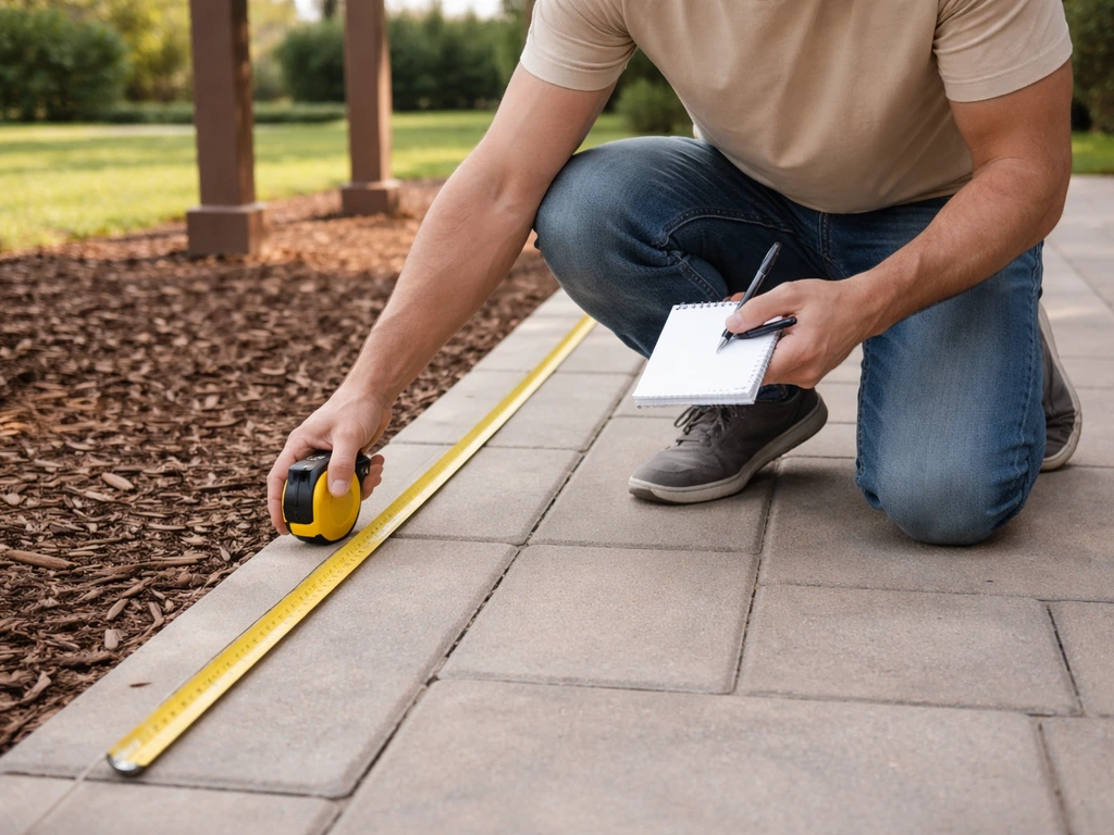 Anonymous homeowner measuring patio edges with a tape measure and blank notepad in sunny outdoor light.