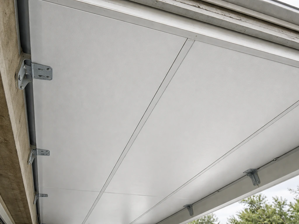 Close-up of an installed insulated solid patio cover overhead with visible seams and mounting hardware.
